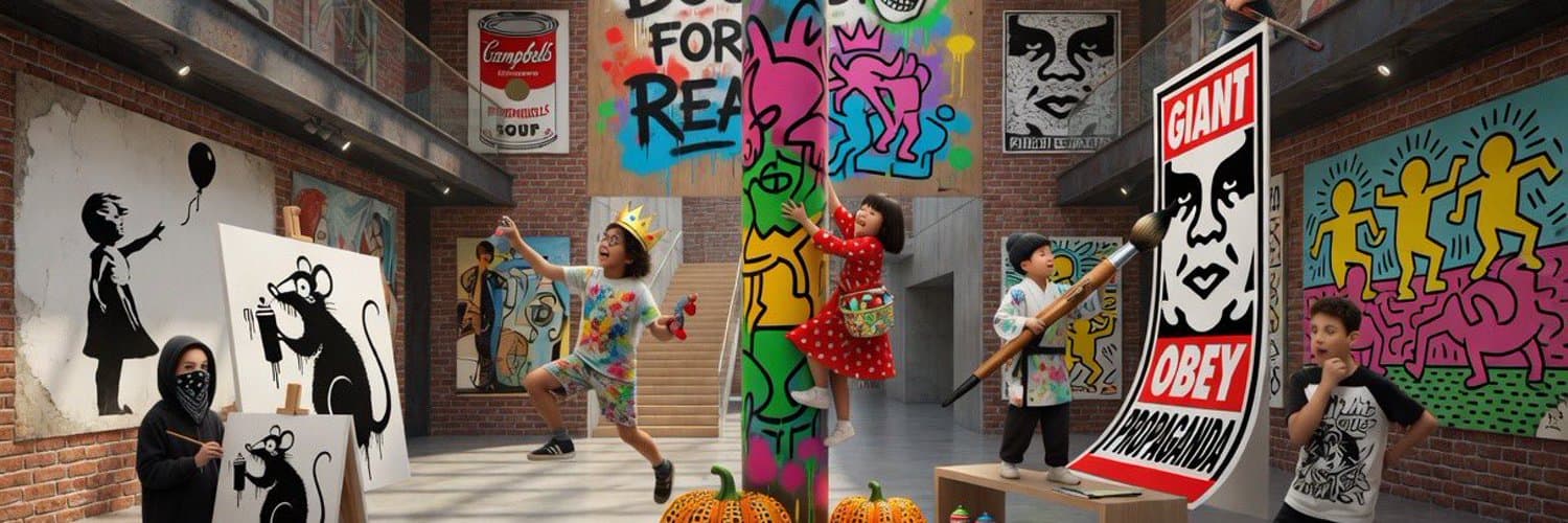 Children making art in a gallery filled with colourful artworks and characters.